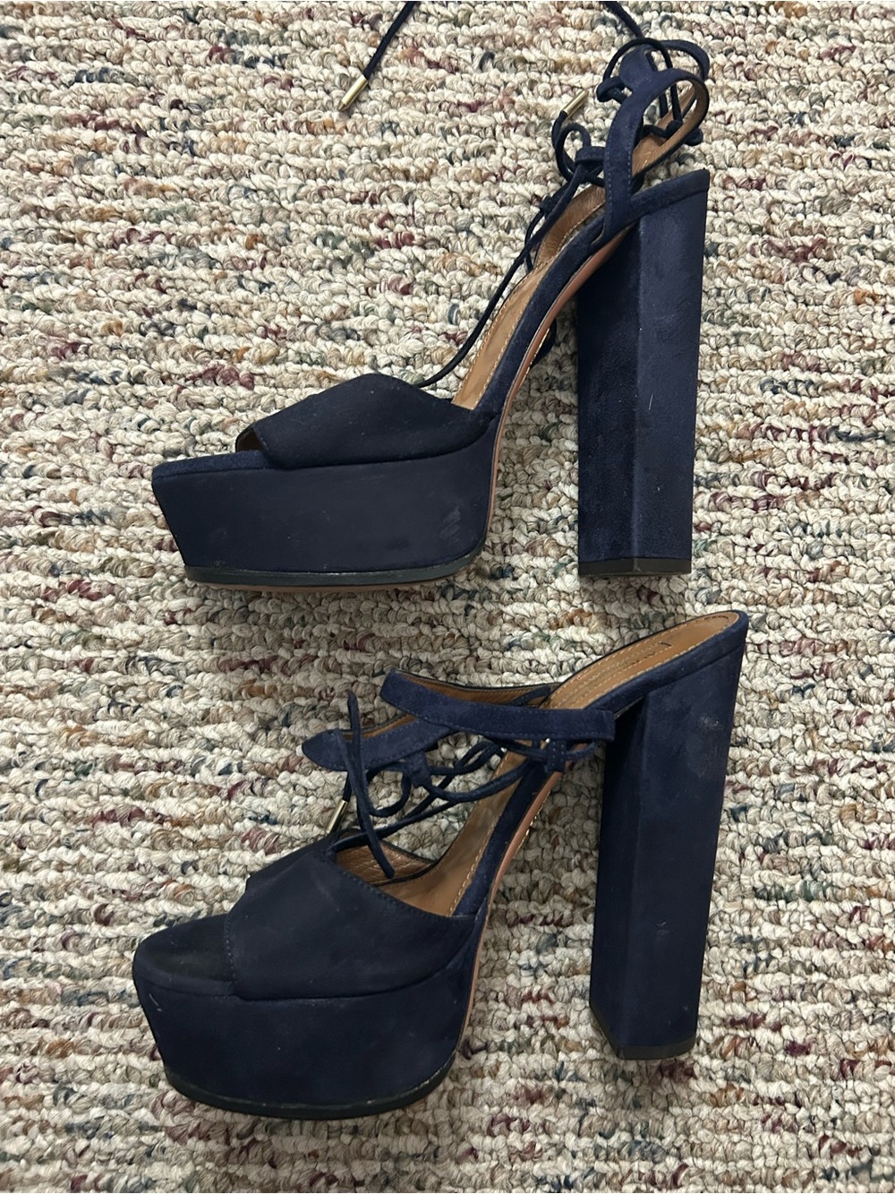 Aquazzura Navy Suede Platform Block Heel Sandals with Lace-Up Straps